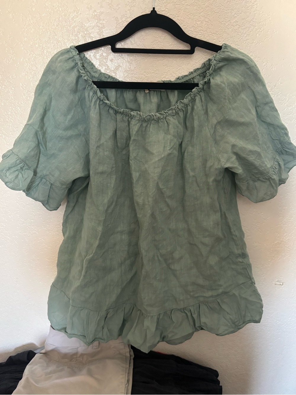 100% Linen. Light Sage Green Peasant Blouse - Women's Off-Shoulder Top